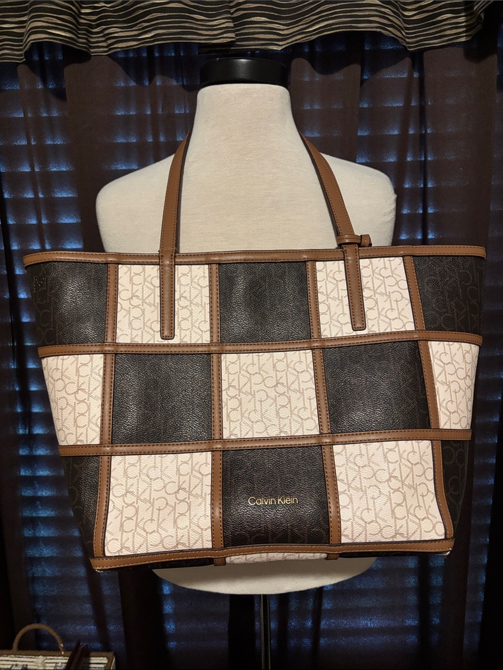 Calvin Klein Brown and Cream Checkerboard Logo Tote